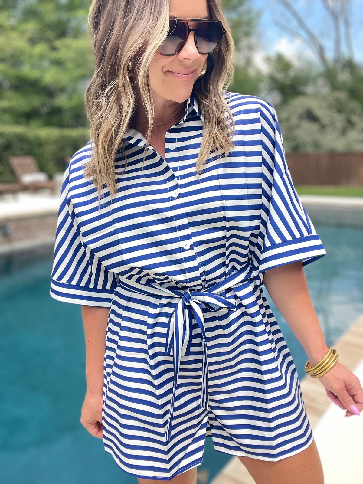 Tie Waist Half Button Striped Romper