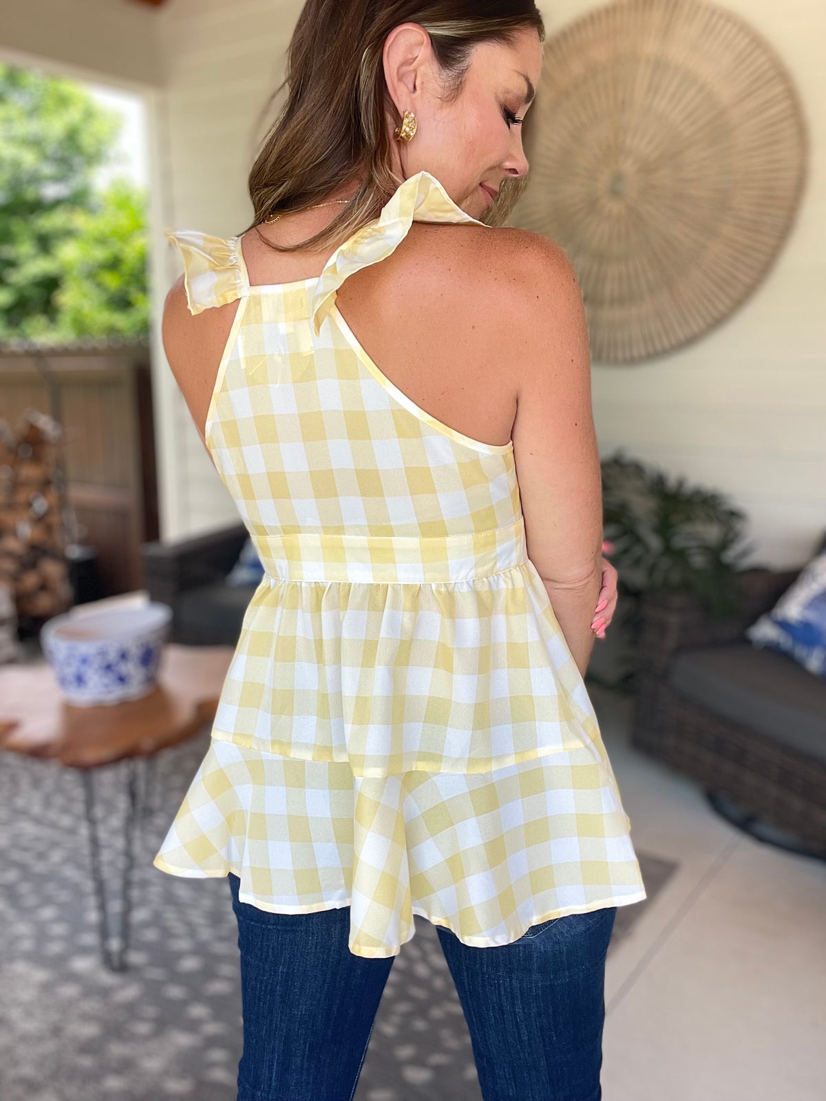BiBi Ruffled Neckline Sleeveless Check Plaid Peplum Top