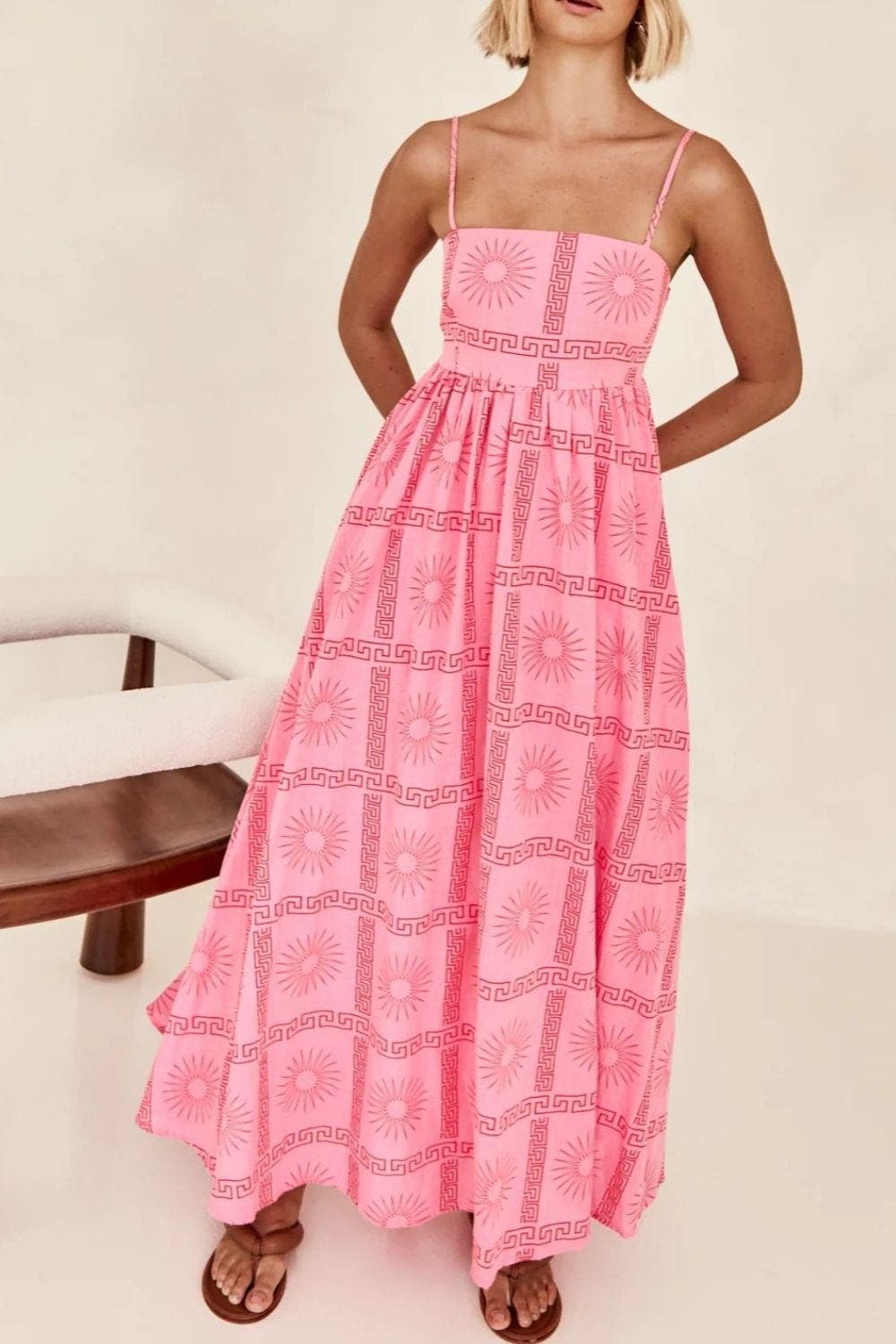 Cutout Back Printed Square Neck Maxi Cami Dress