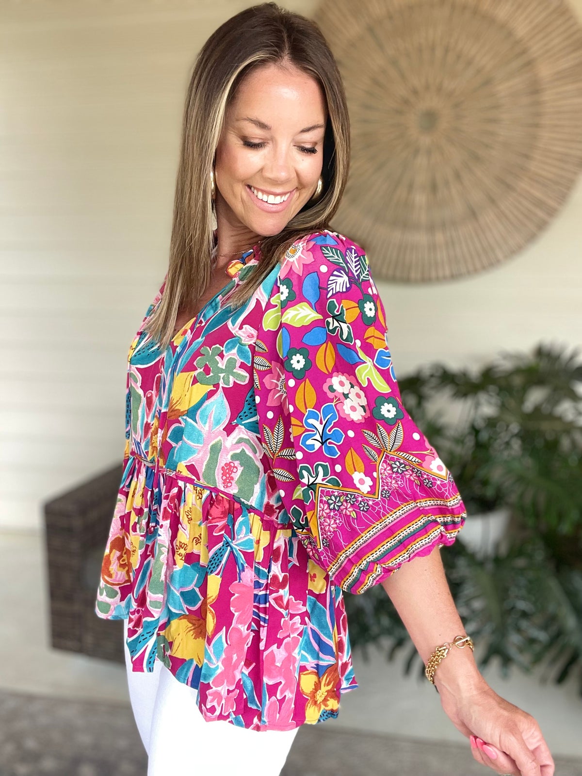 Umgee Full Size Floral Print Tie Neck Peplum Blouse