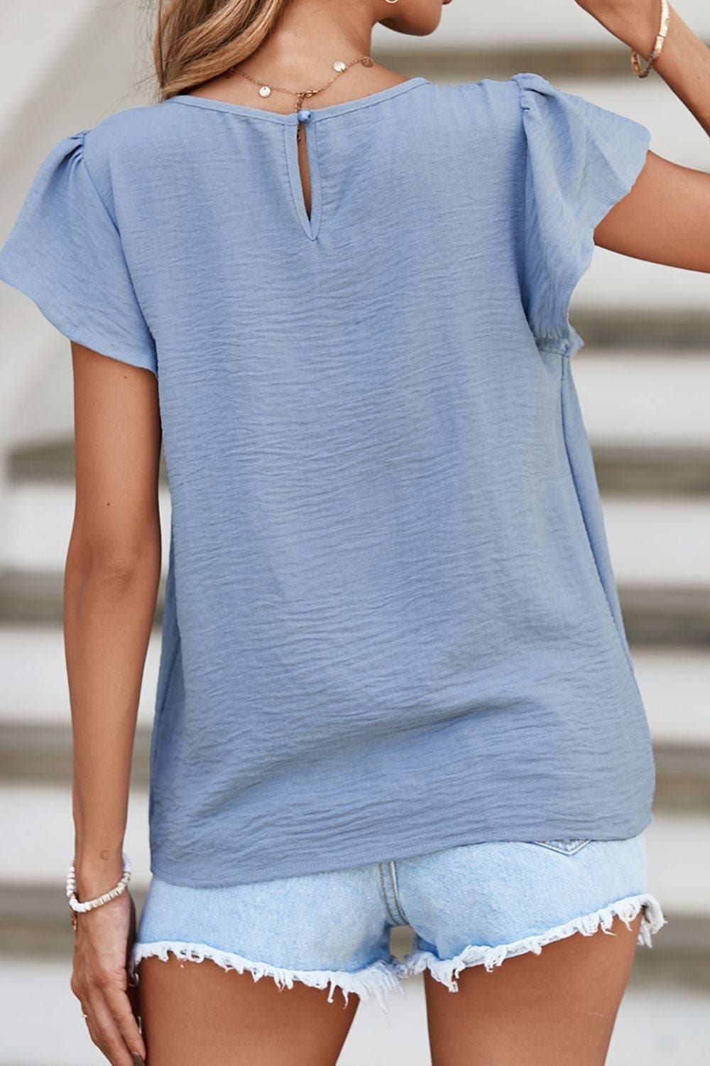 Solid Color Flounce Sleeve Pleated Round Neck Blouse