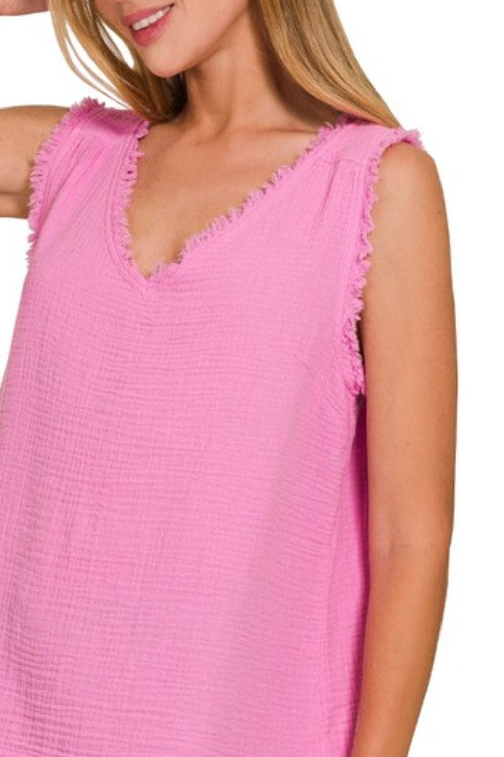 Zenana Double Gauze Raw Edge V-Neck Tank