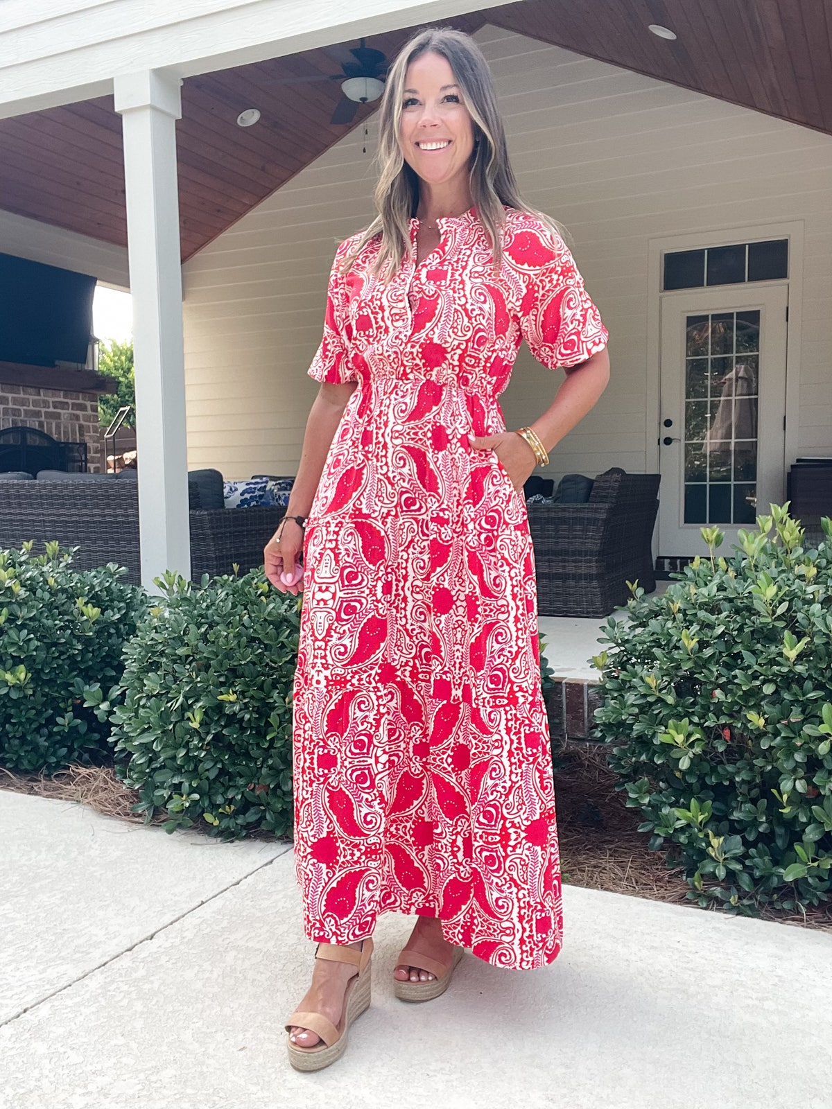 Paisley Print Side Slit Puff Sleeve High Waist Maxi Dress