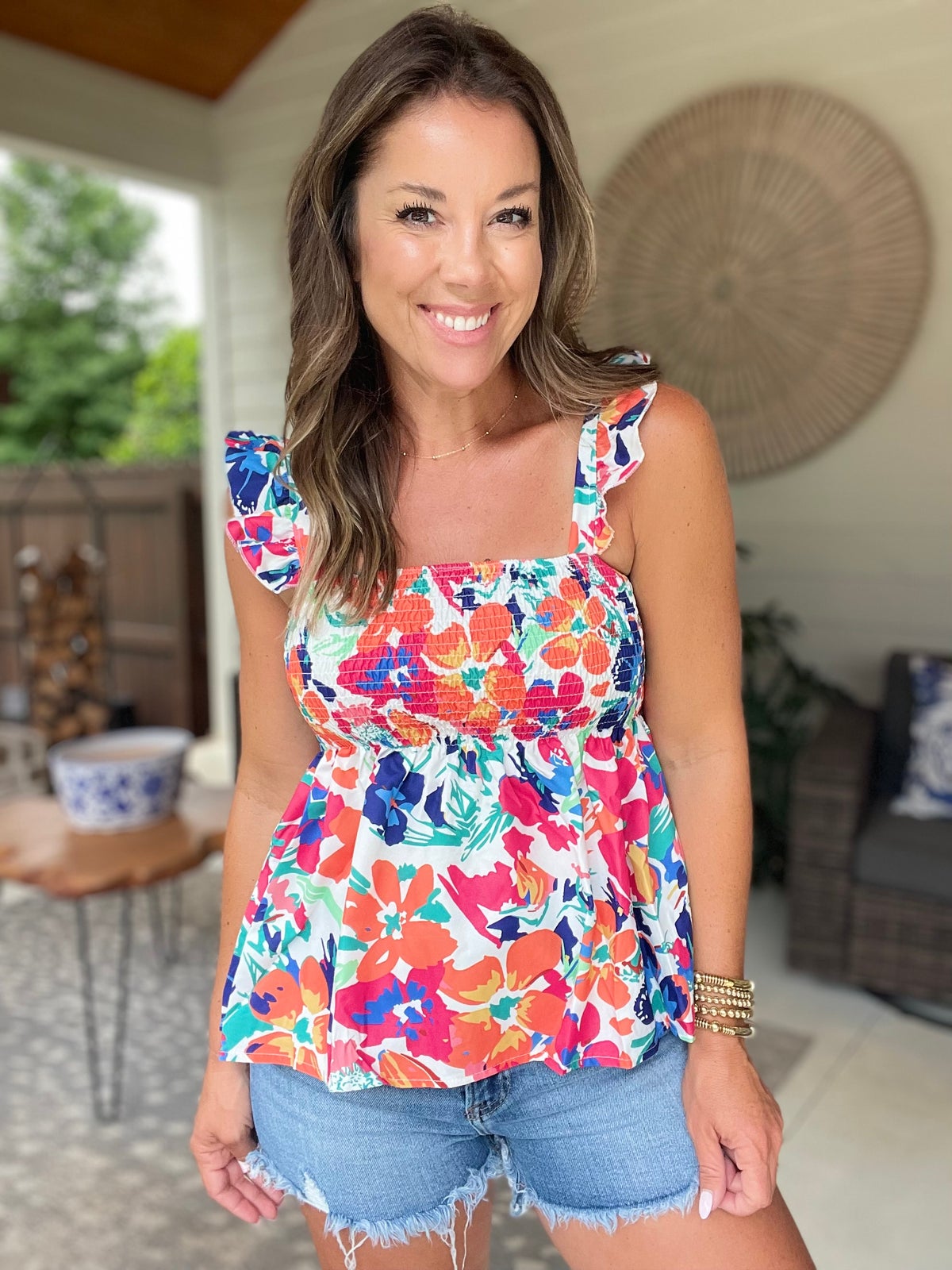 Smocked Printed Ruffled Blouse