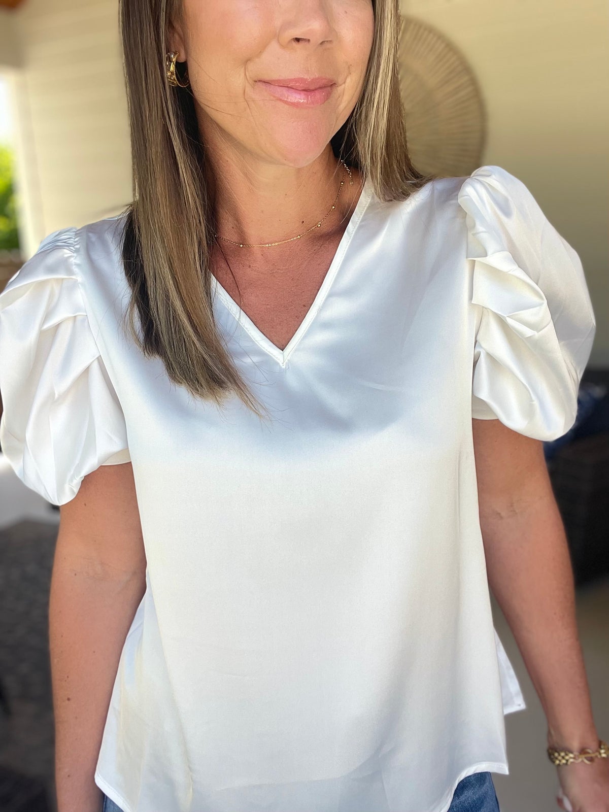 And The Why Plain Satin Puff Shirring V Neck Blouse Top