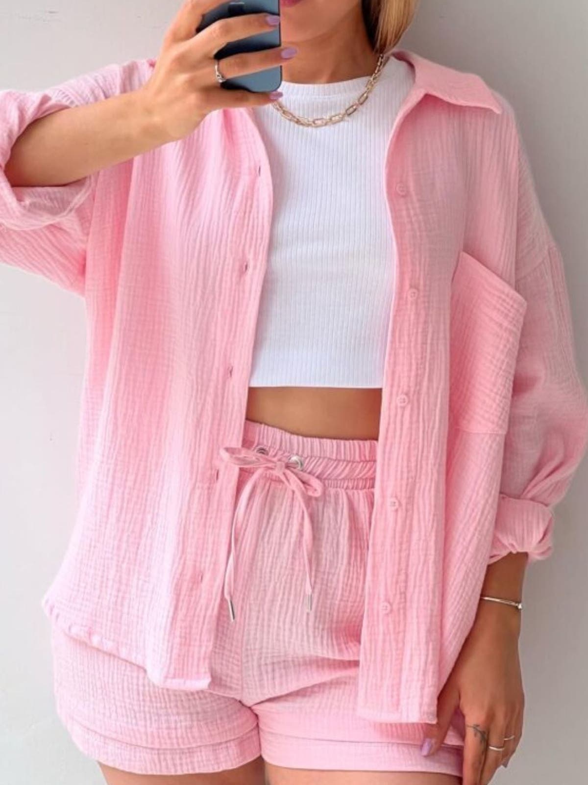 Textured Button Up Shirt and Shorts Set