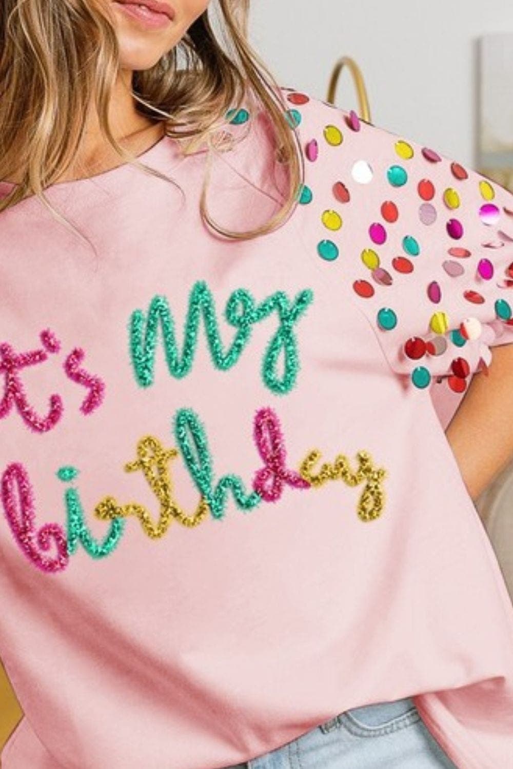 BiBi Metallic Letter Spangle Raglan Puff Sleeve Top