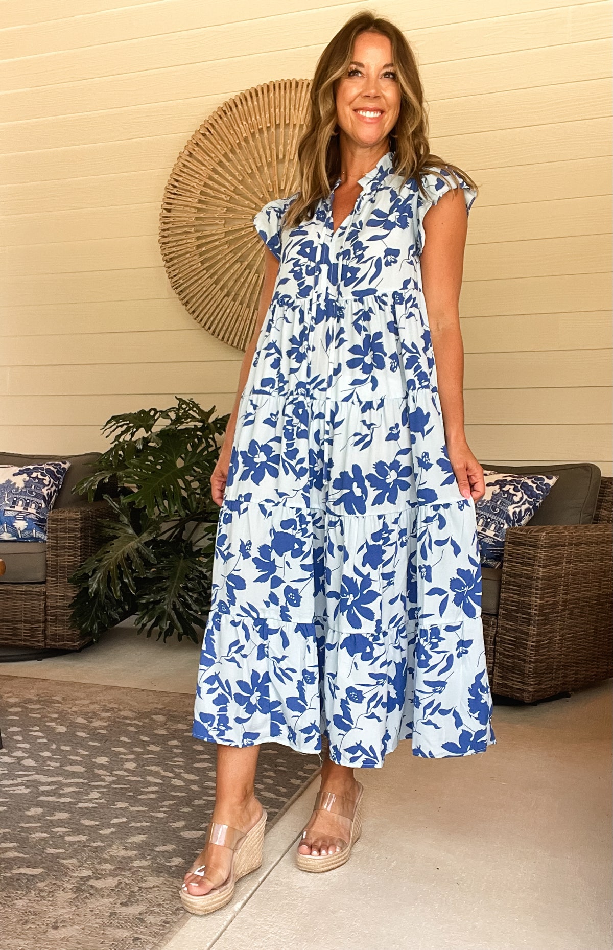 Floral Print Tiered Frilled Trim Flutter Sleeve Dress