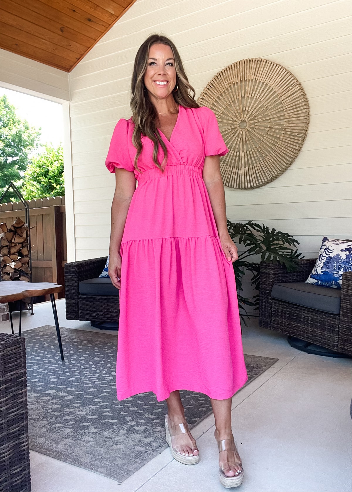 V-Neck Puff Sleeve Midi Dress