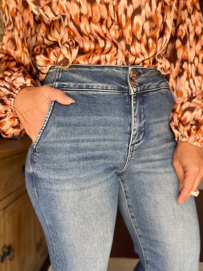 Product: RISEN Full Size Tummy Control High Rise Bootcut Jeans with Double Button Waistband Plus Size