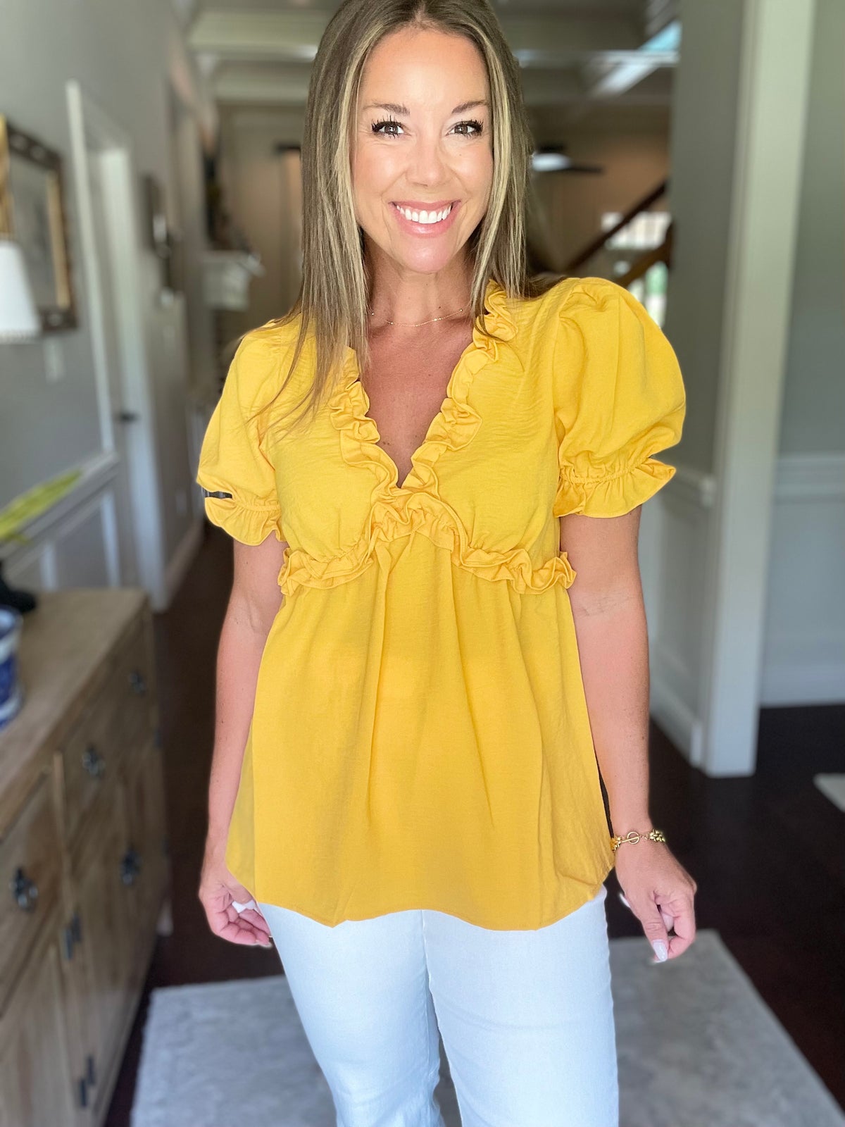 Lime 'N' Chili Solid Ruffled Deep V-Neck Puff Sleeve Babydoll Top