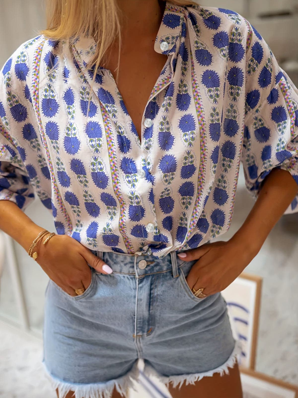 Printed Button Up Long Sleeve Shirt