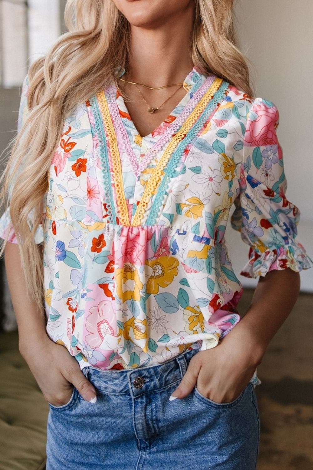 Boho Flower Print Half Puff Sleeve Blouse