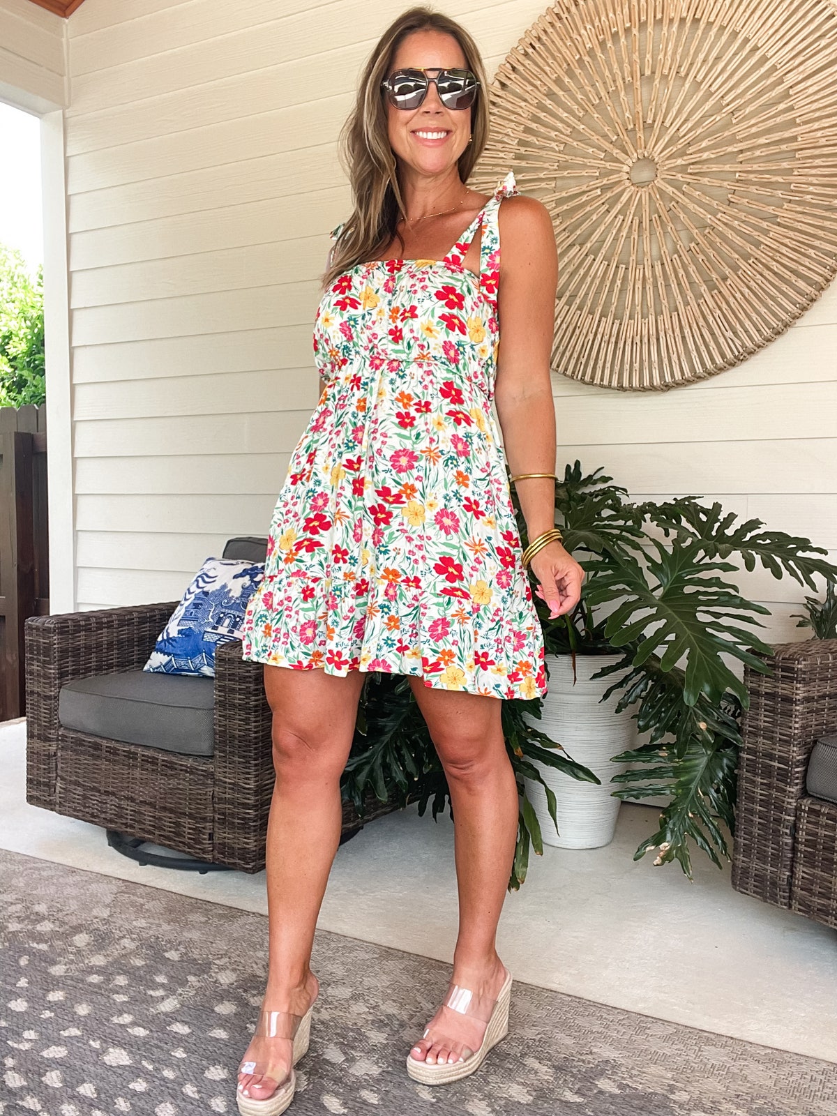 Floral Knotted Straps Cinched Waist Ruffle Hem Mini Dress