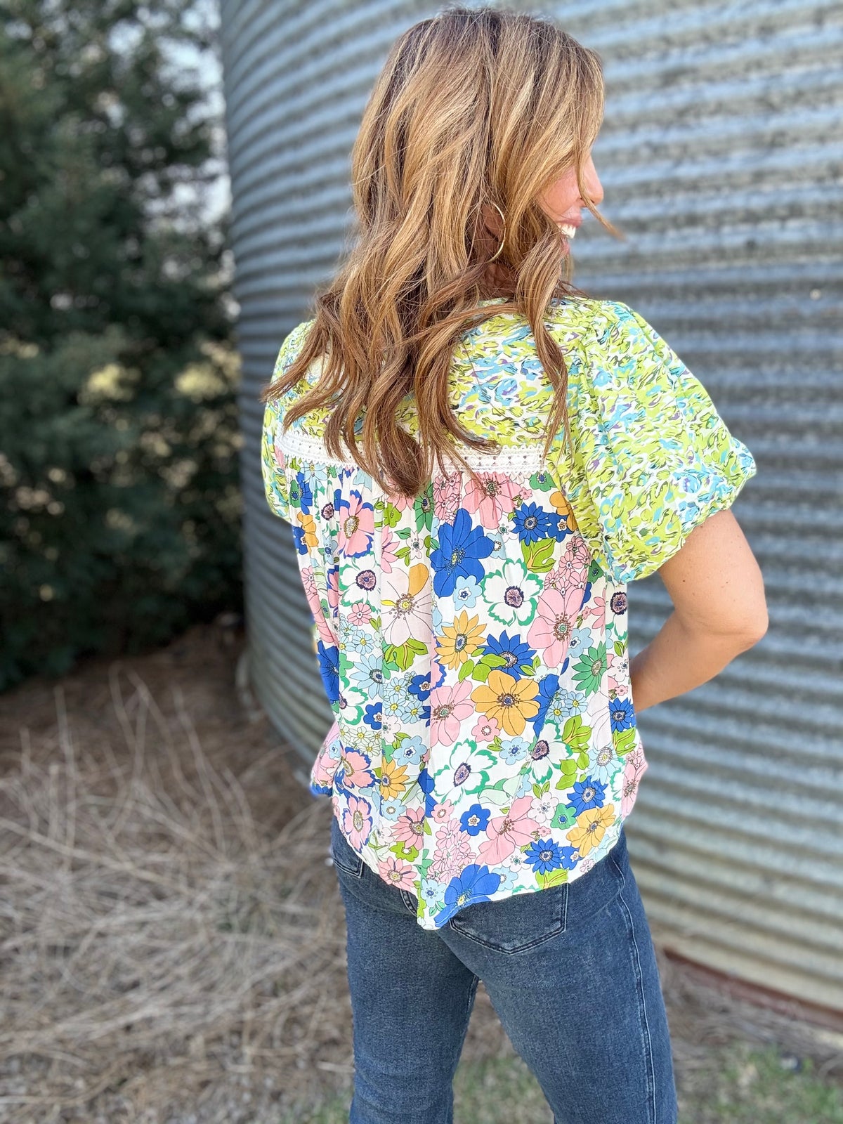 Printed Round Neck Puff Sleeve Blouse