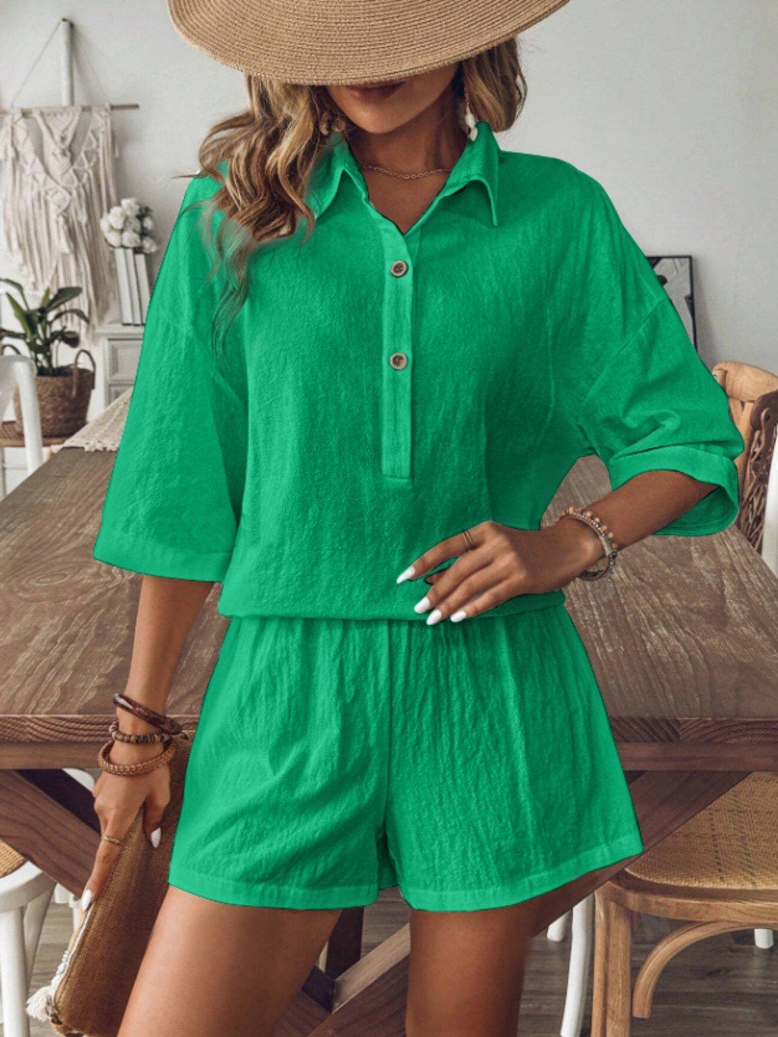 Collared Neck Half Sleeve Top and Shorts Set