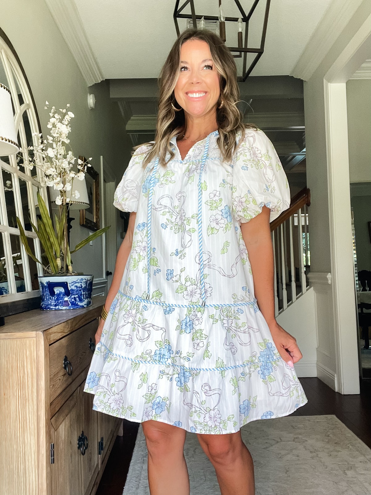 Printed Tie Neck Short Sleeve Mini Dress