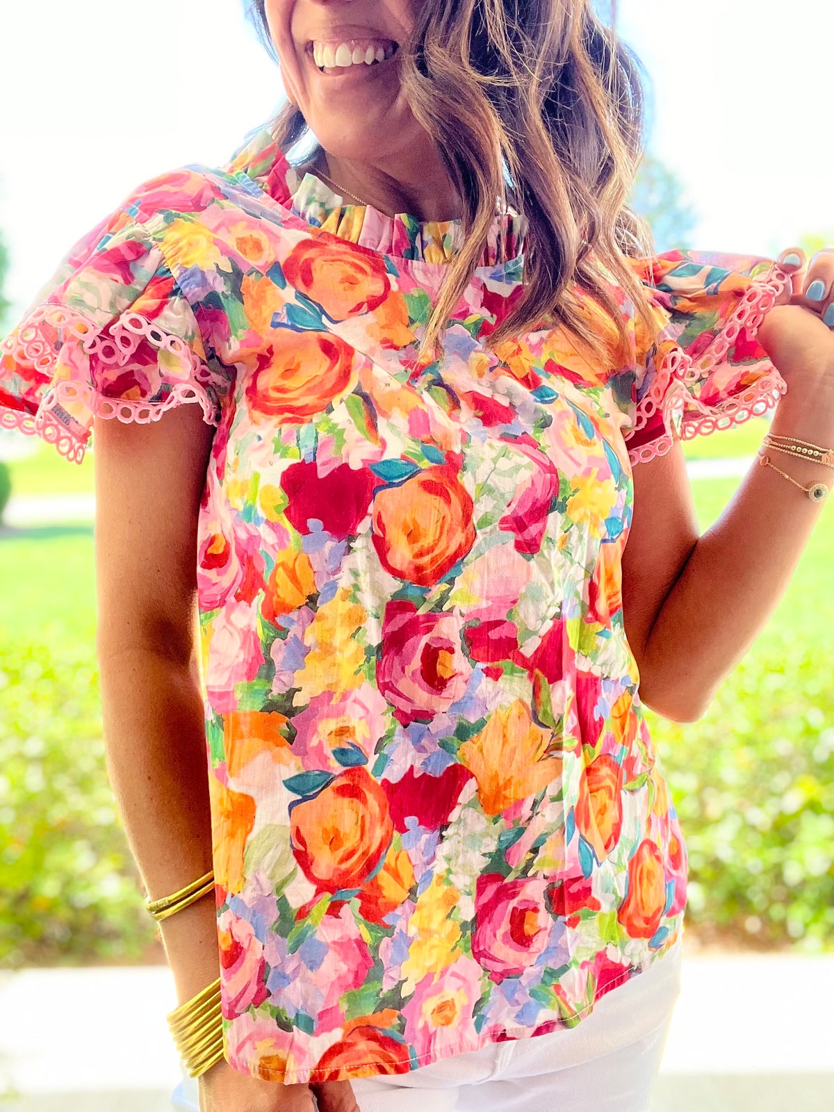 Lace Trim Ruffle Cap Sleeve Floral Blouse