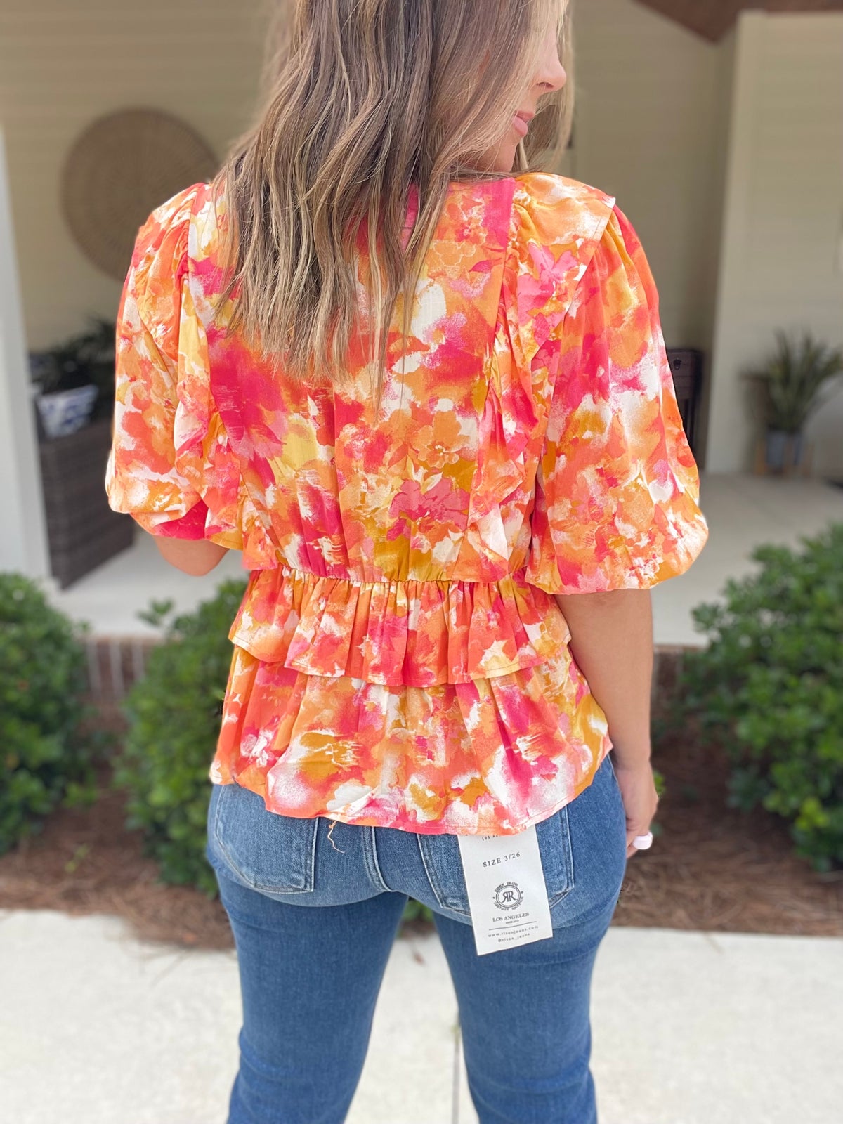 And The Why Ruffled Printed Puff Sleeve Blouse