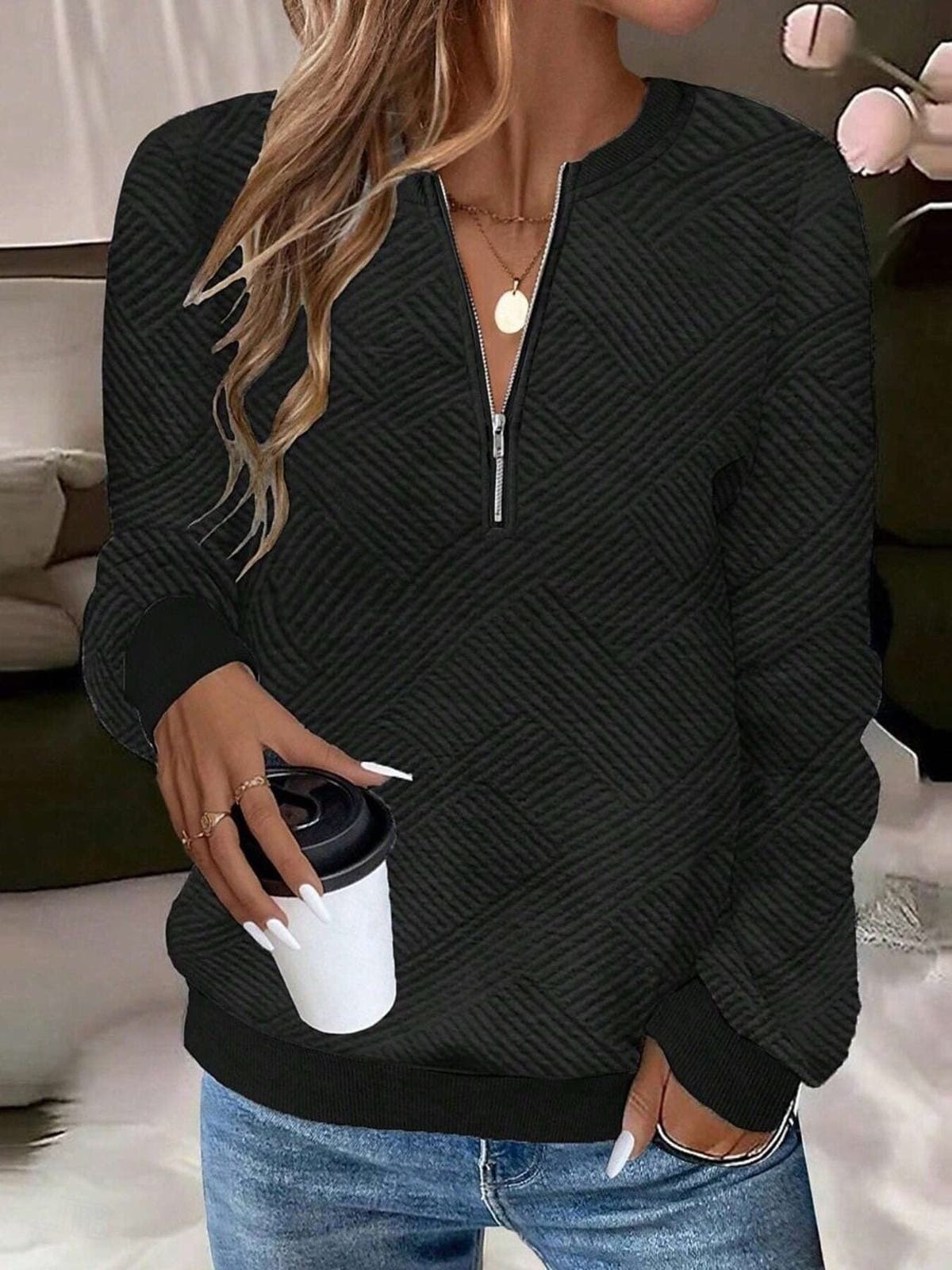 Quarter Zip Textured Long Sleeve Sweatshirt
