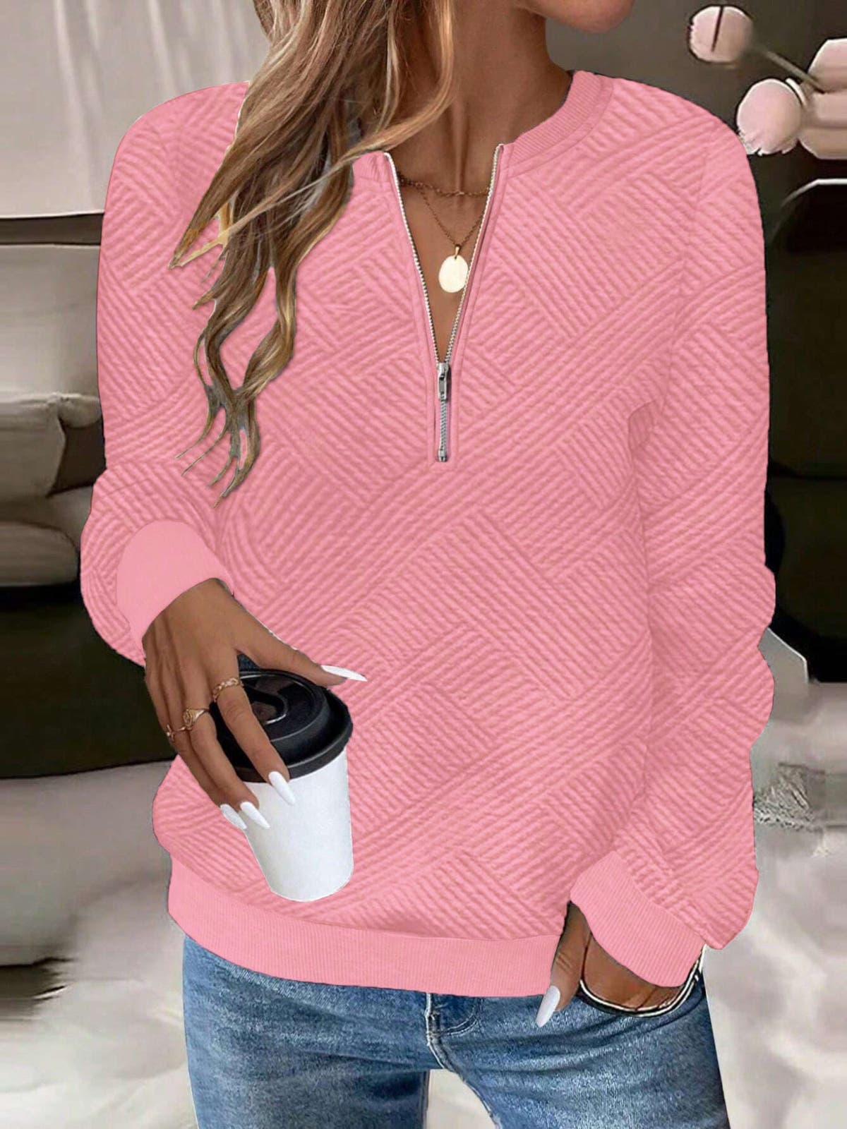 Quarter Zip Textured Long Sleeve Sweatshirt