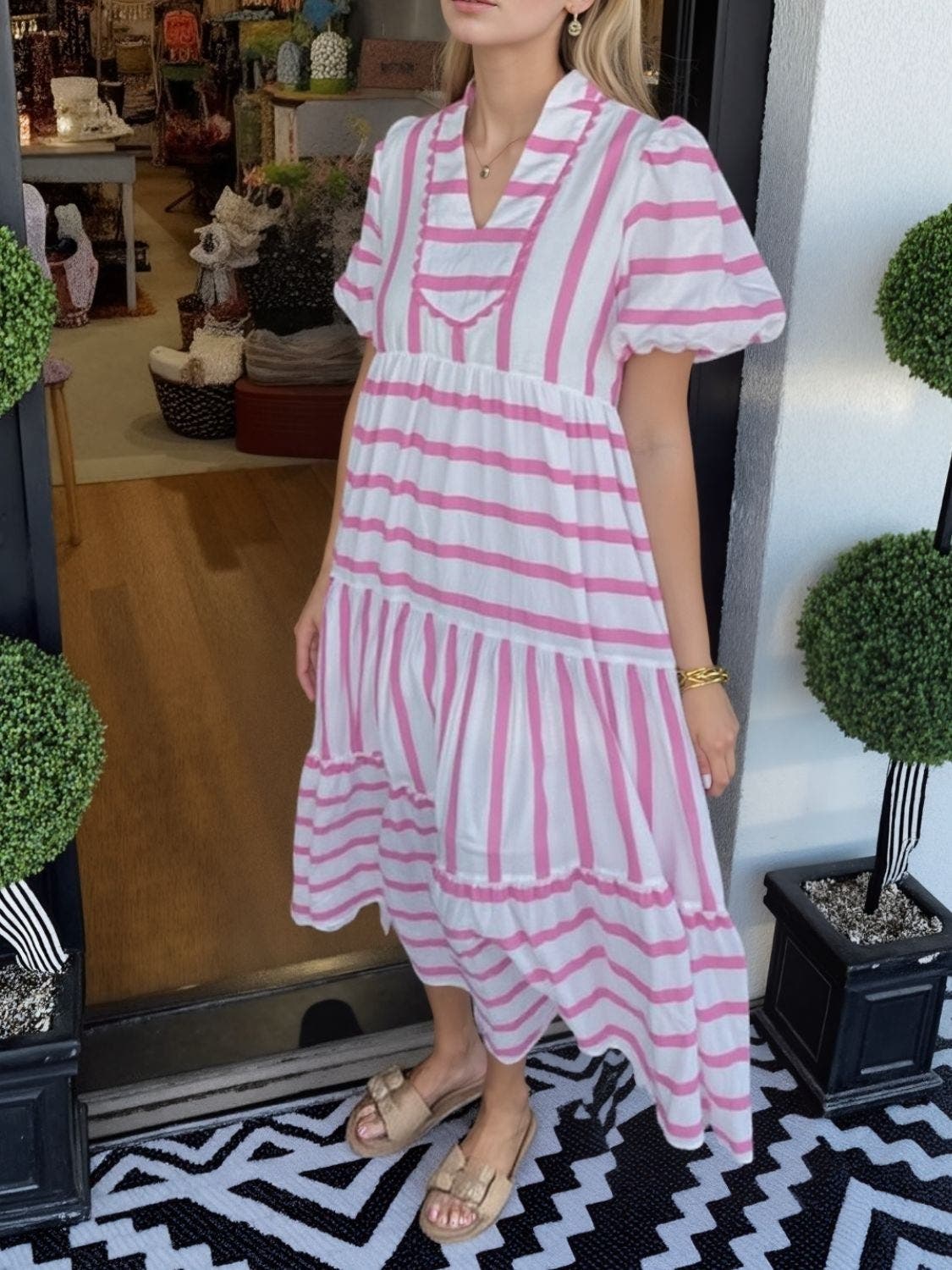 Striped Notched Puff Sleeve Midi Dress