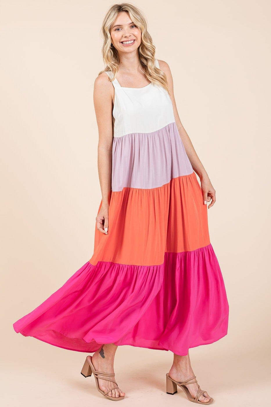 Mittoshop Color Block Tiered Pull-On Maxi Dress