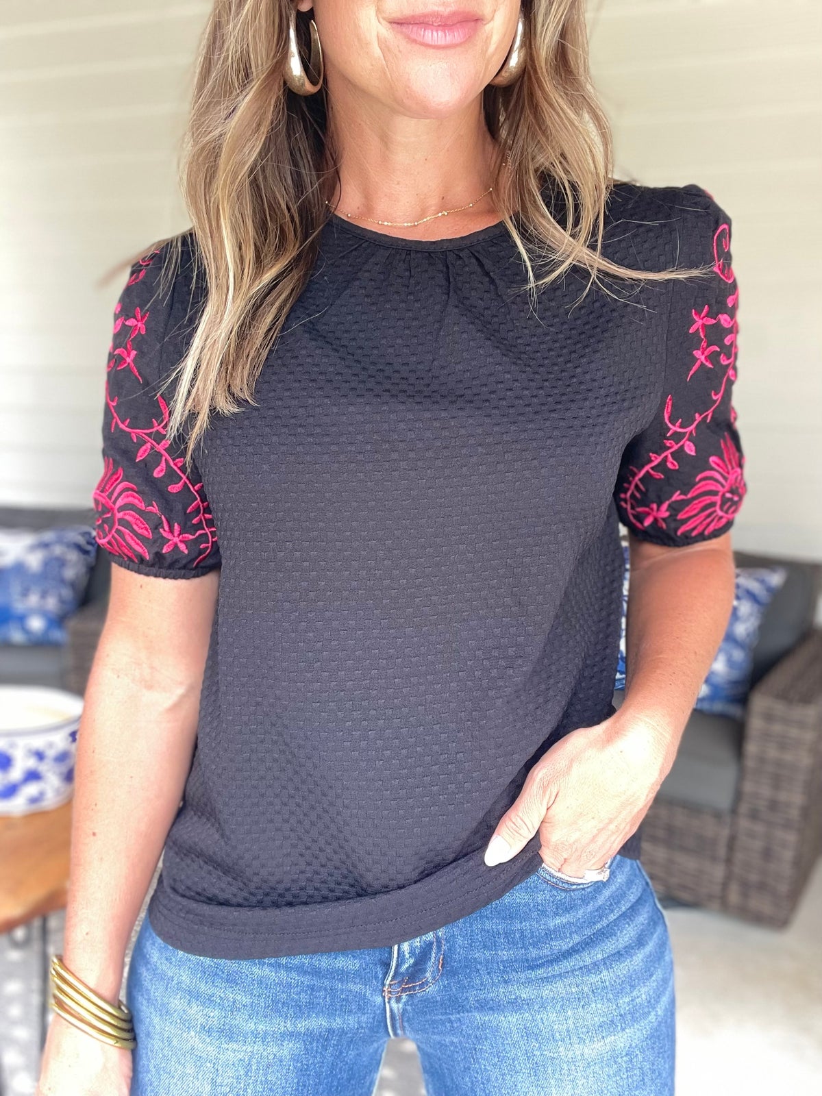 Embroidered Round Neck Short Sleeve Blouse