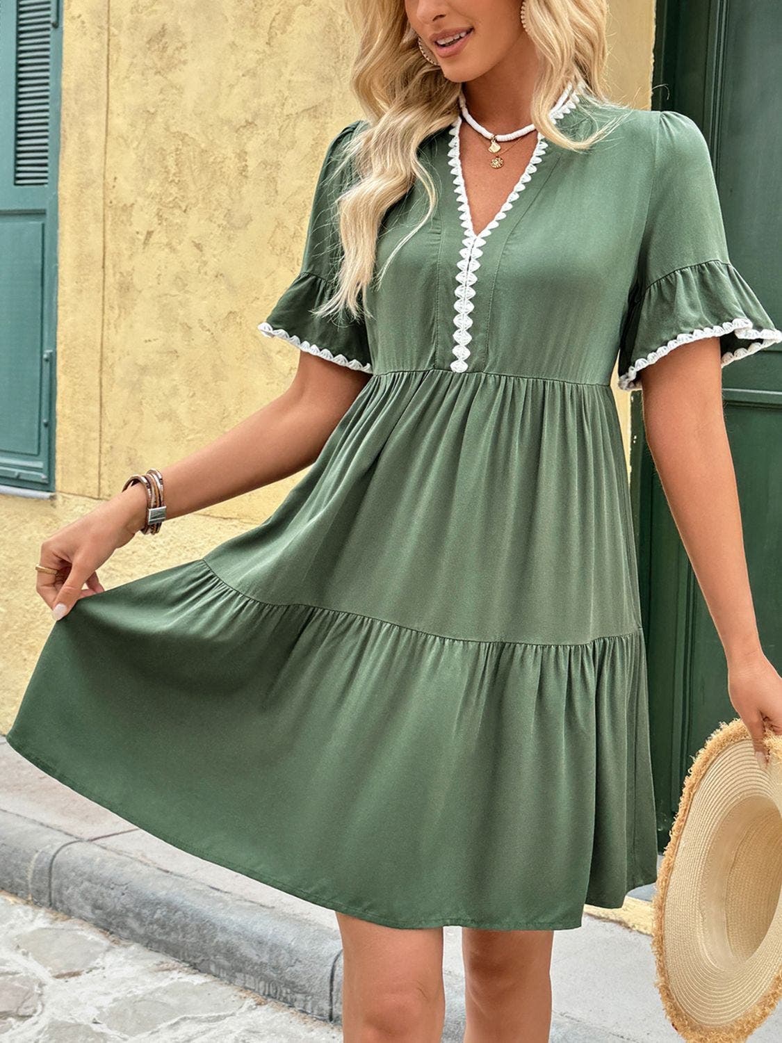 Lace Detail Notched Flounce Sleeve Mini Dress