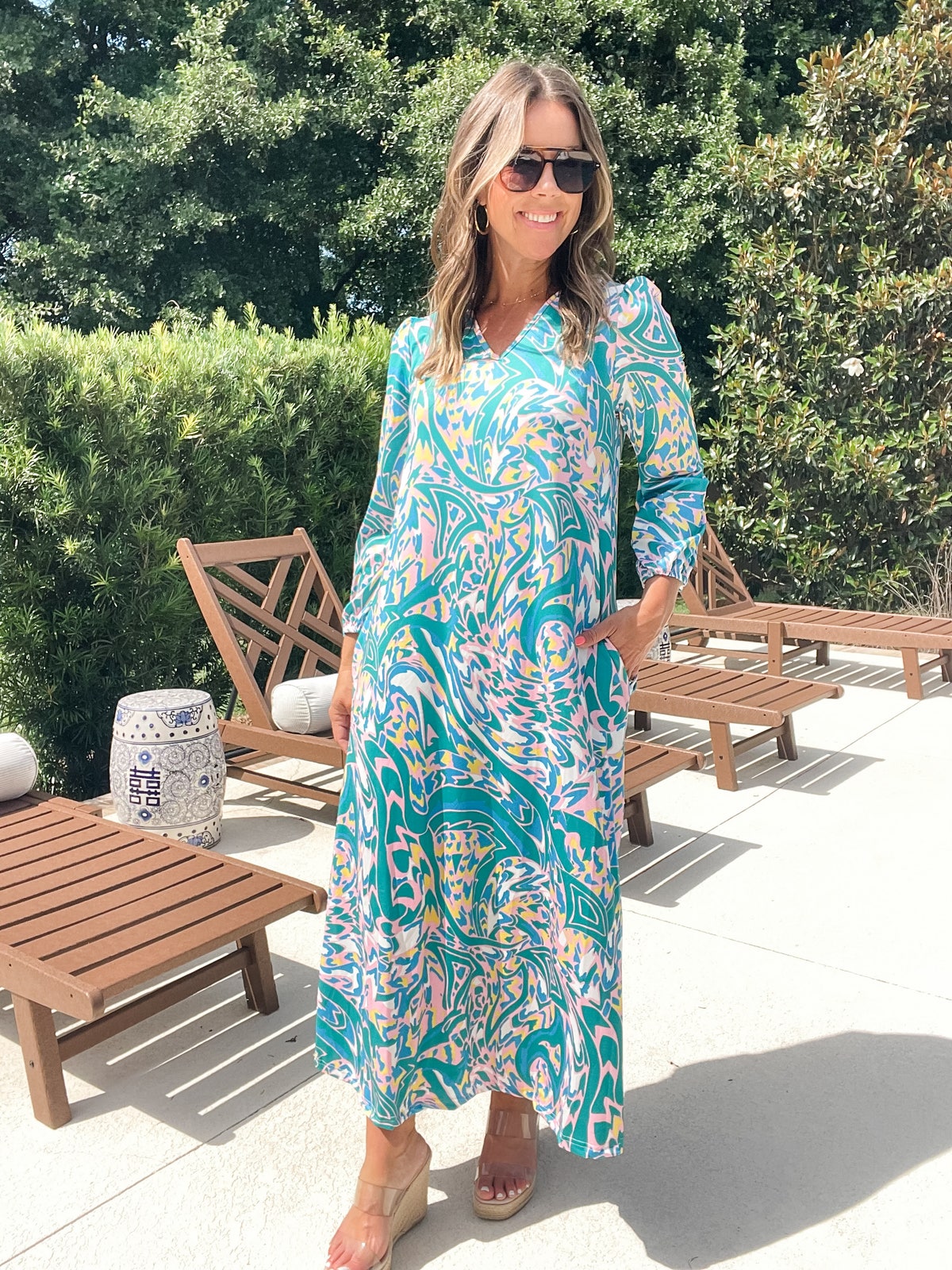 Full Size Printed V-Neck Dress with Pockets Plus Size