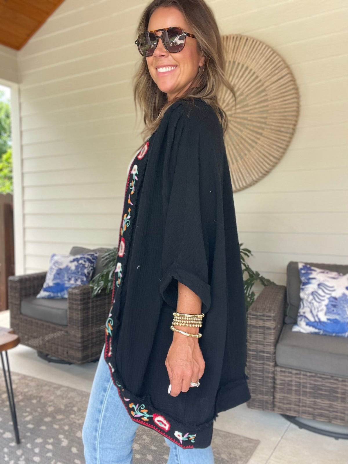 Umgee Embroidery Open Front Kimono with Pleated Shoulder Detail
