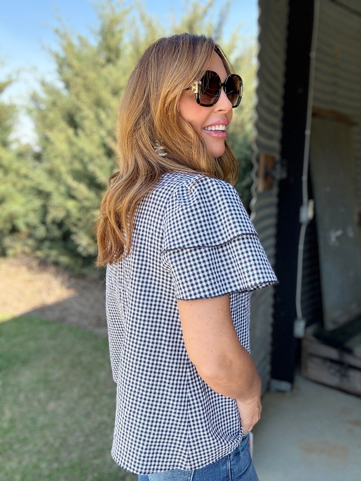 Smocked Plaid Round Neck Layered Short Sleeve Blouse