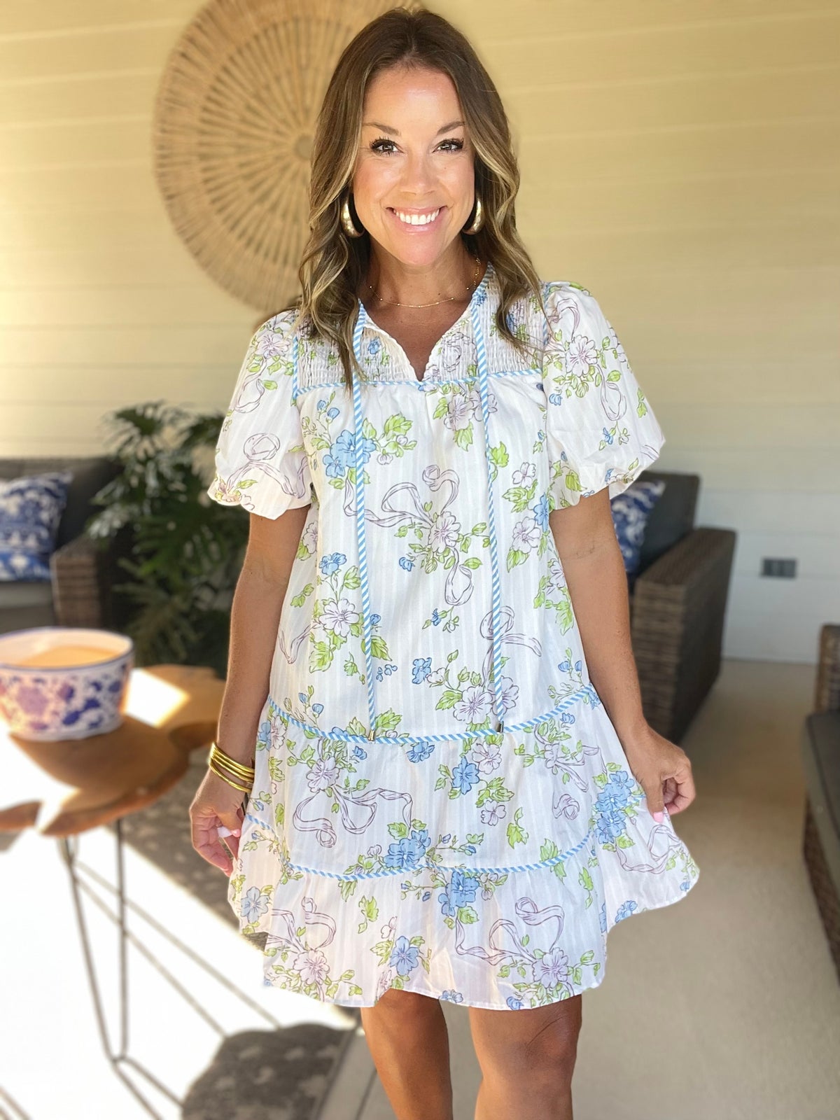 Printed Tie Neck Short Sleeve Mini Dress