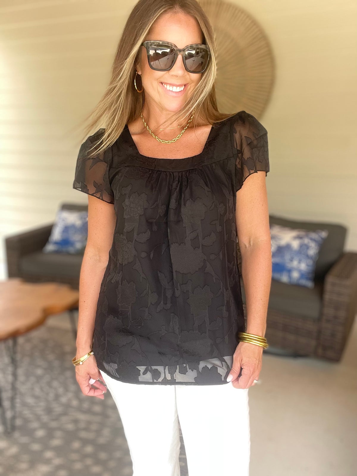 Square Neck Short Sleeve Blouse