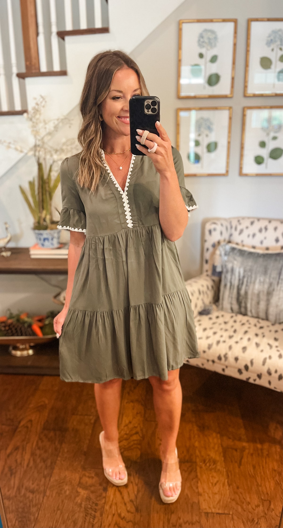 Lace Detail Notched Flounce Sleeve Mini Dress