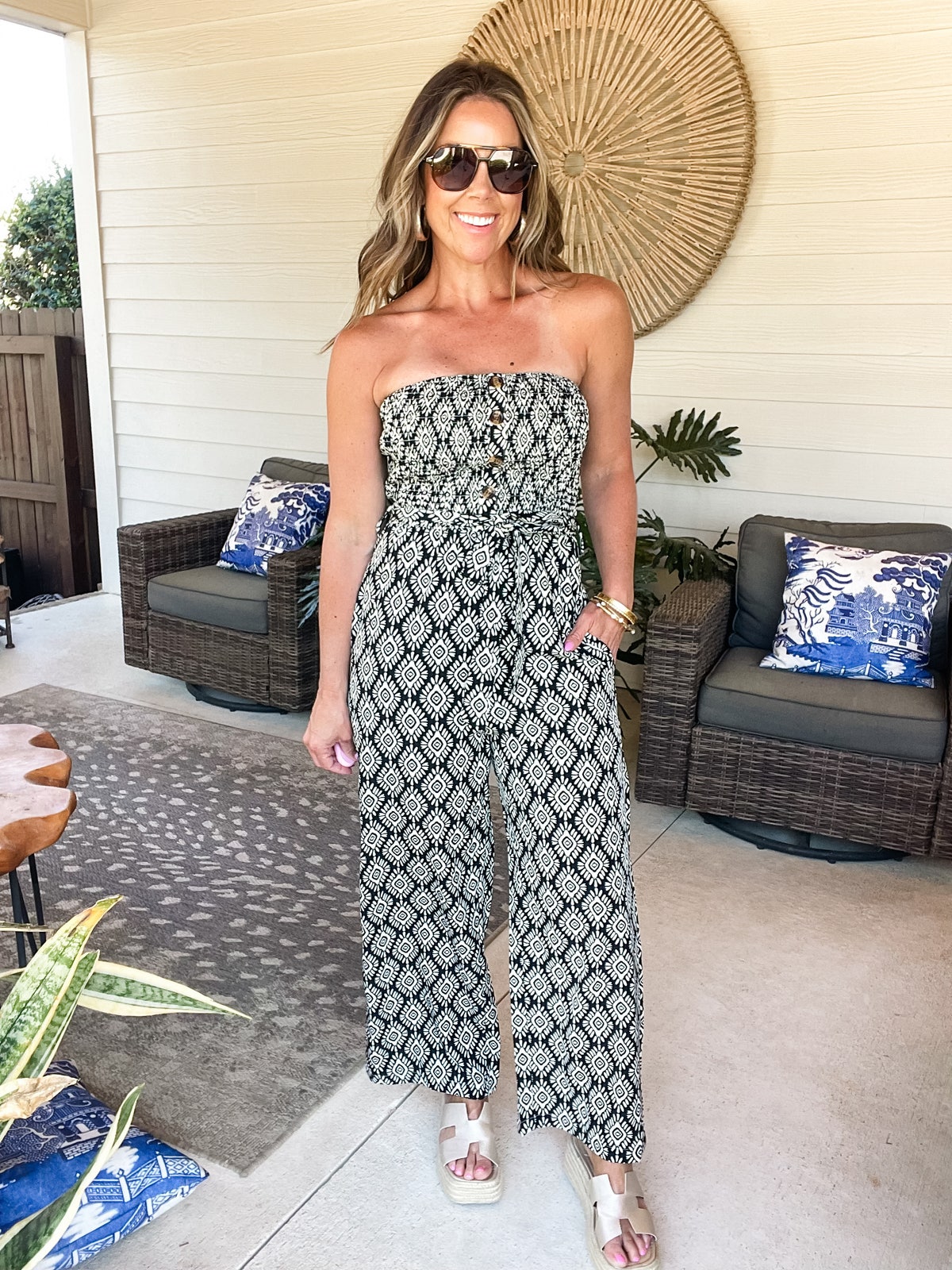 Printed Smocked Sleeveless Jumpsuit