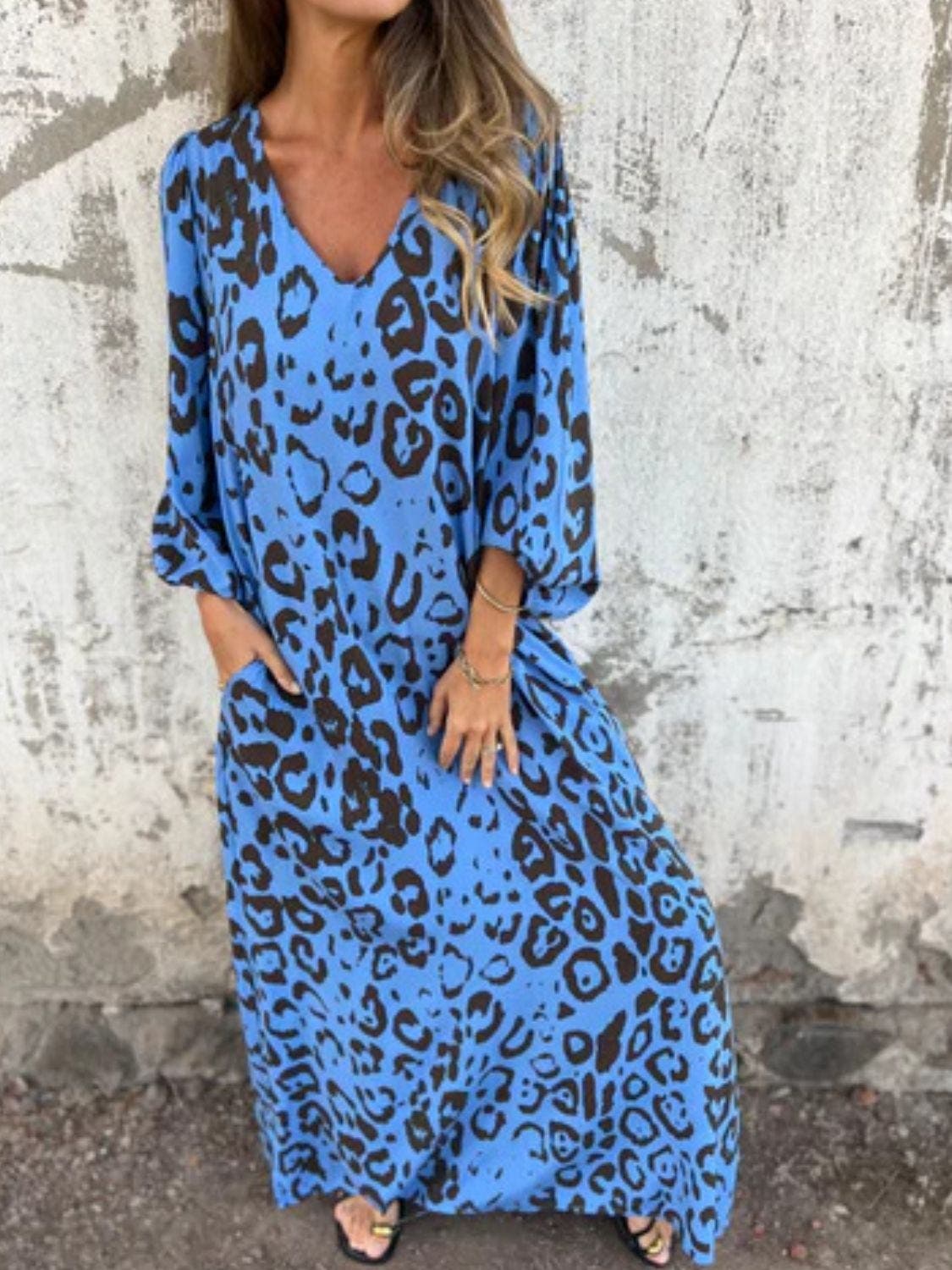 Full Size Printed V-Neck Dress with Pockets Plus Size