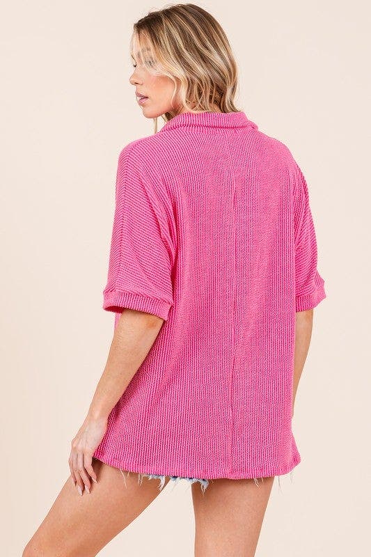 BOMBOM Ribbed Collared Neck Top
