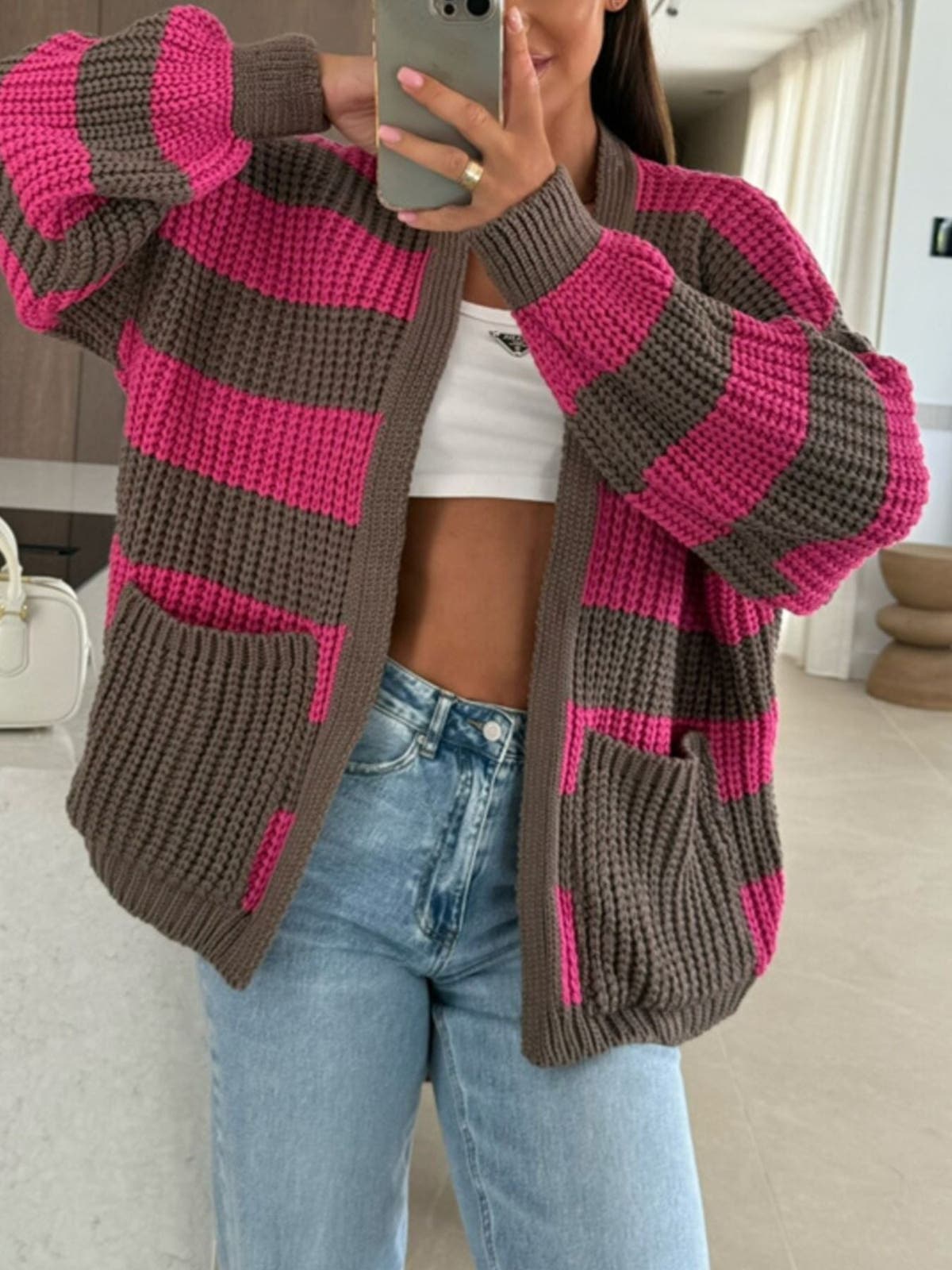 Striped Open Front Long Sleeve Cardigan