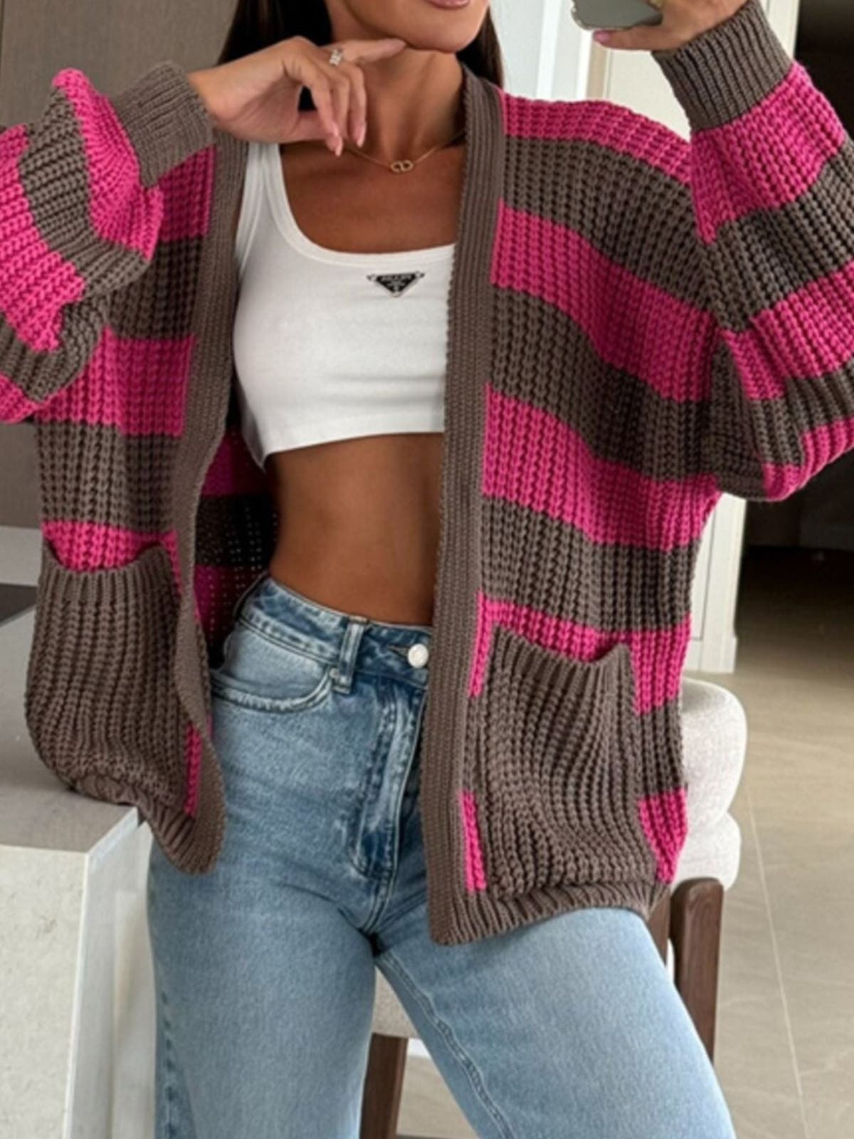 Striped Open Front Long Sleeve Cardigan