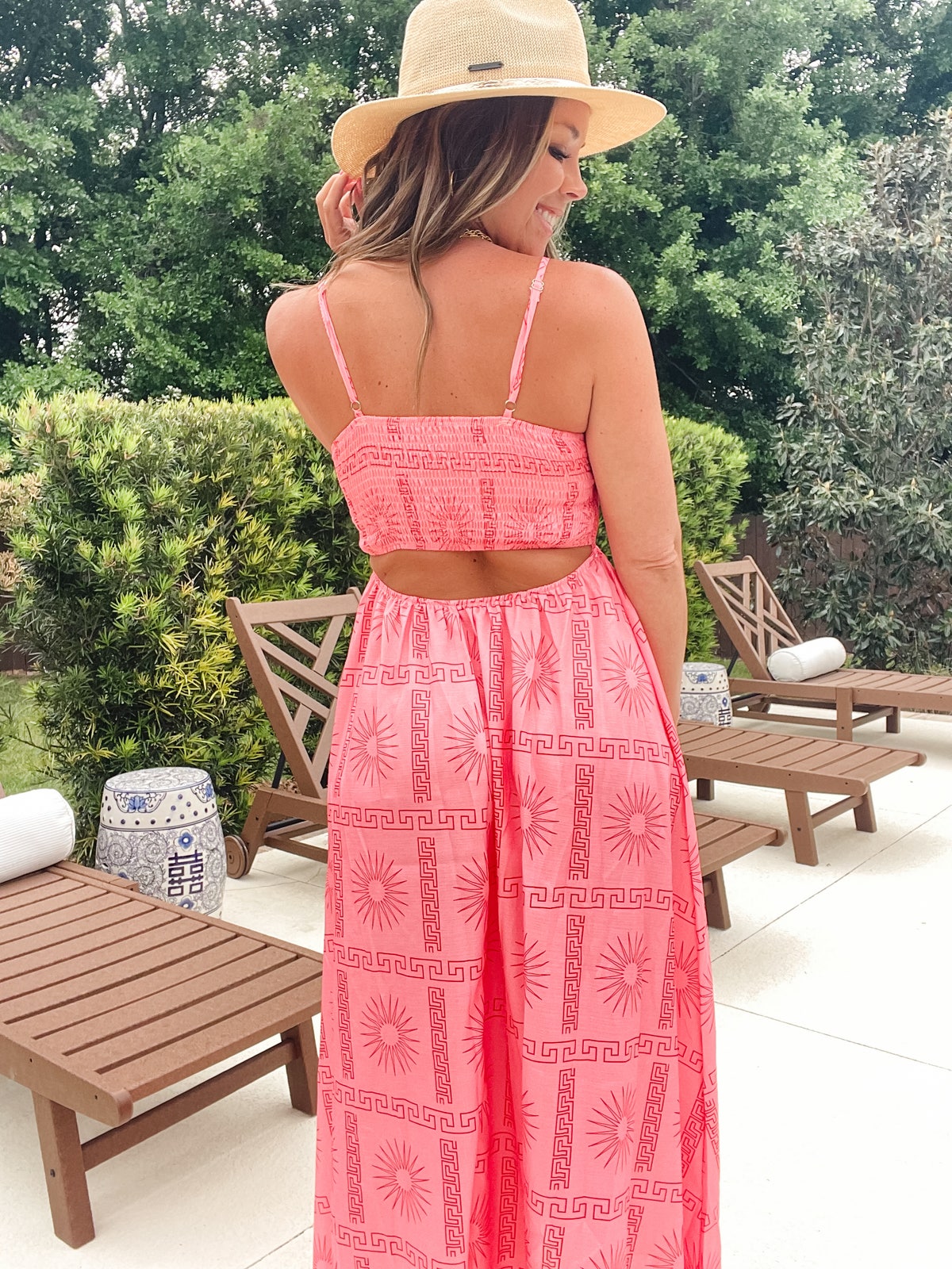Cutout Back Printed Square Neck Maxi Cami Dress