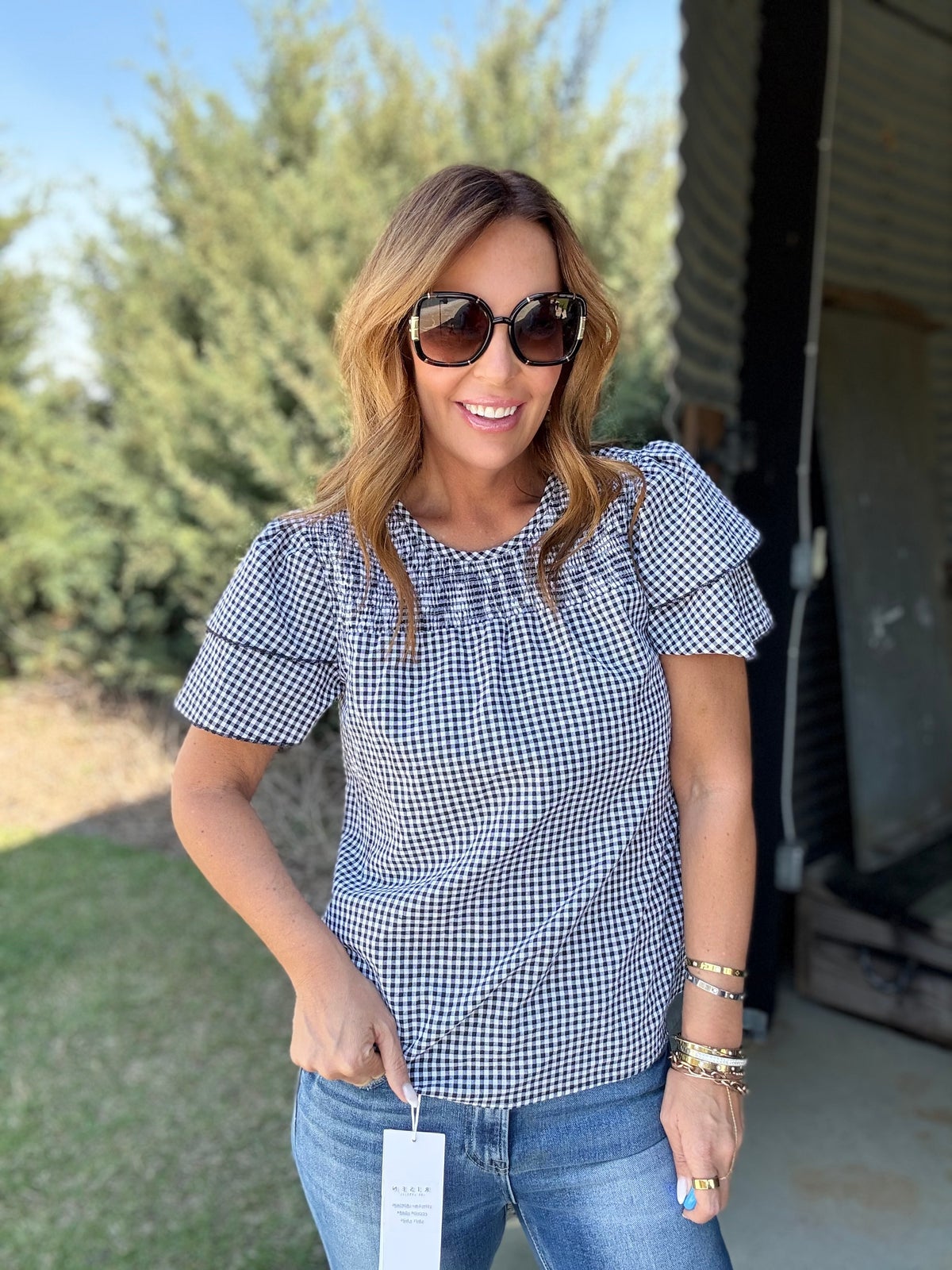 Smocked Plaid Round Neck Layered Short Sleeve Blouse