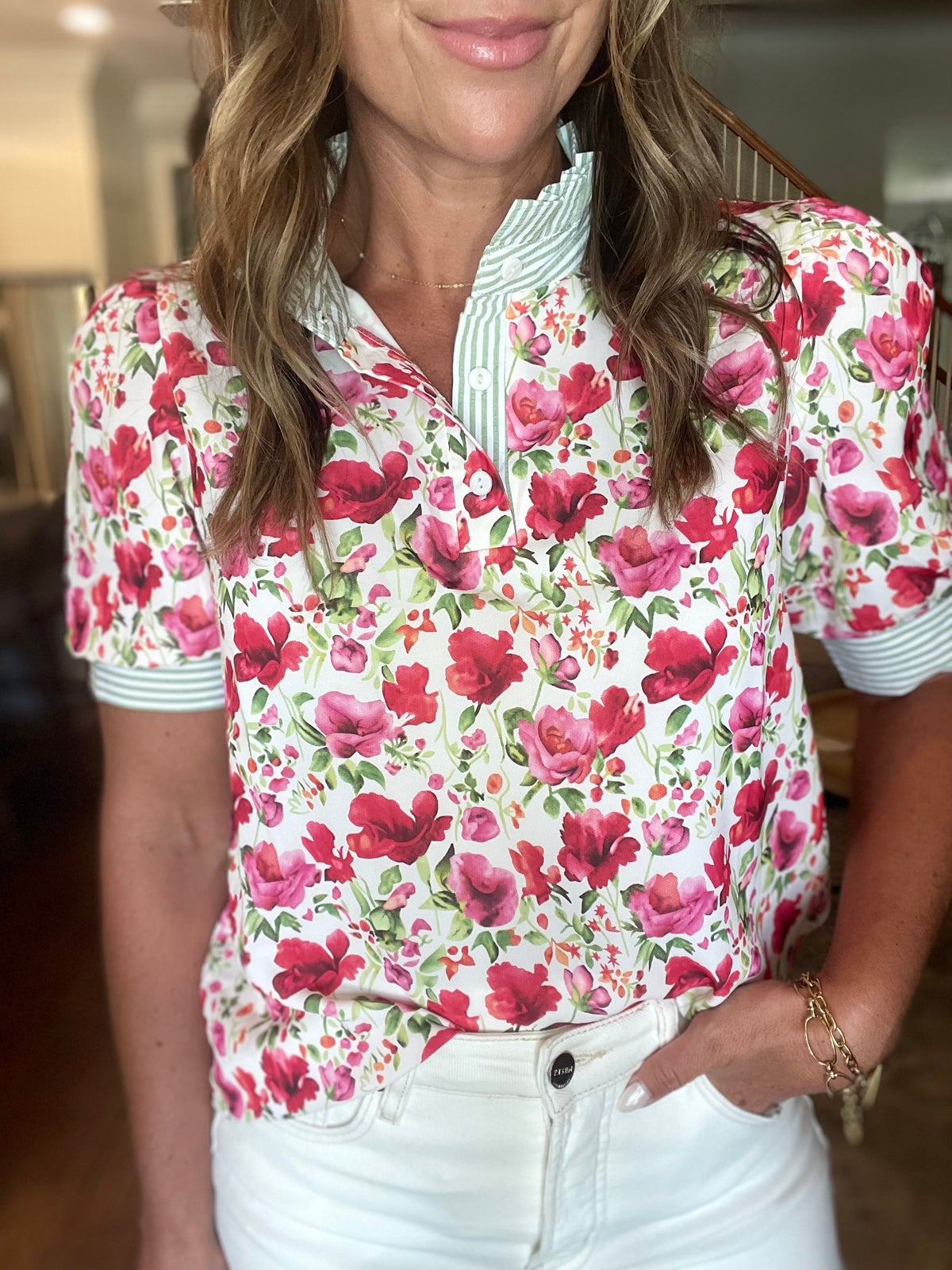 Printed Collared Neck Short Sleeve Blouse