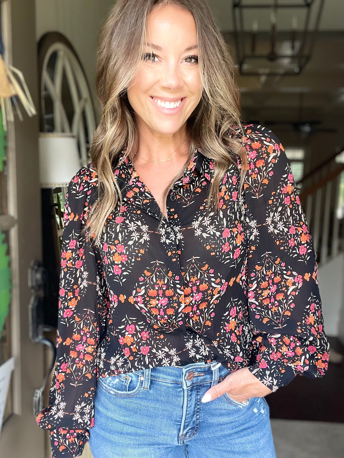 Floral Print Lantern Sleeve Loose Shirt