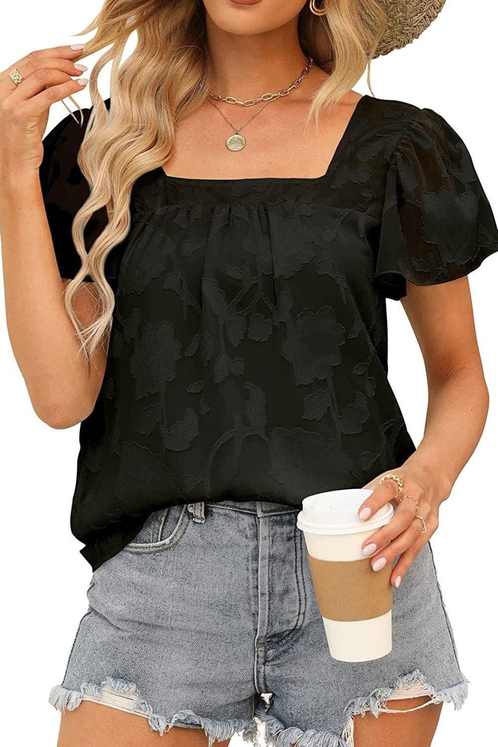 Square Neck Short Sleeve Blouse
