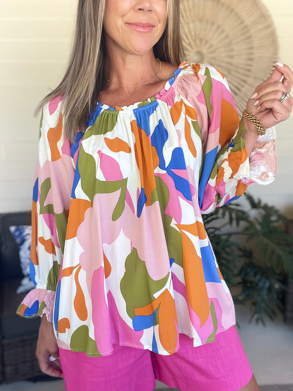 Lime 'N' Chili Abstract Print Off-the-shoulder Long Sleeve Top