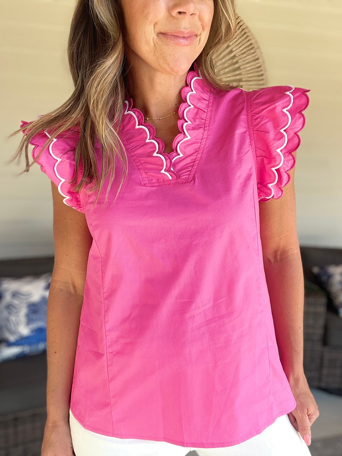 Contrast Scallop Trim Layered Short Sleeve V Neck Blouse