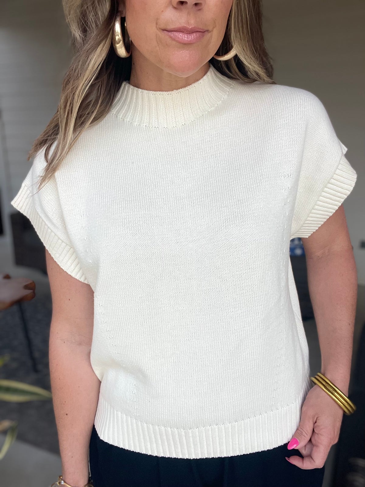 Double Take Full Size Mock Neck Short Sleeve Sweater