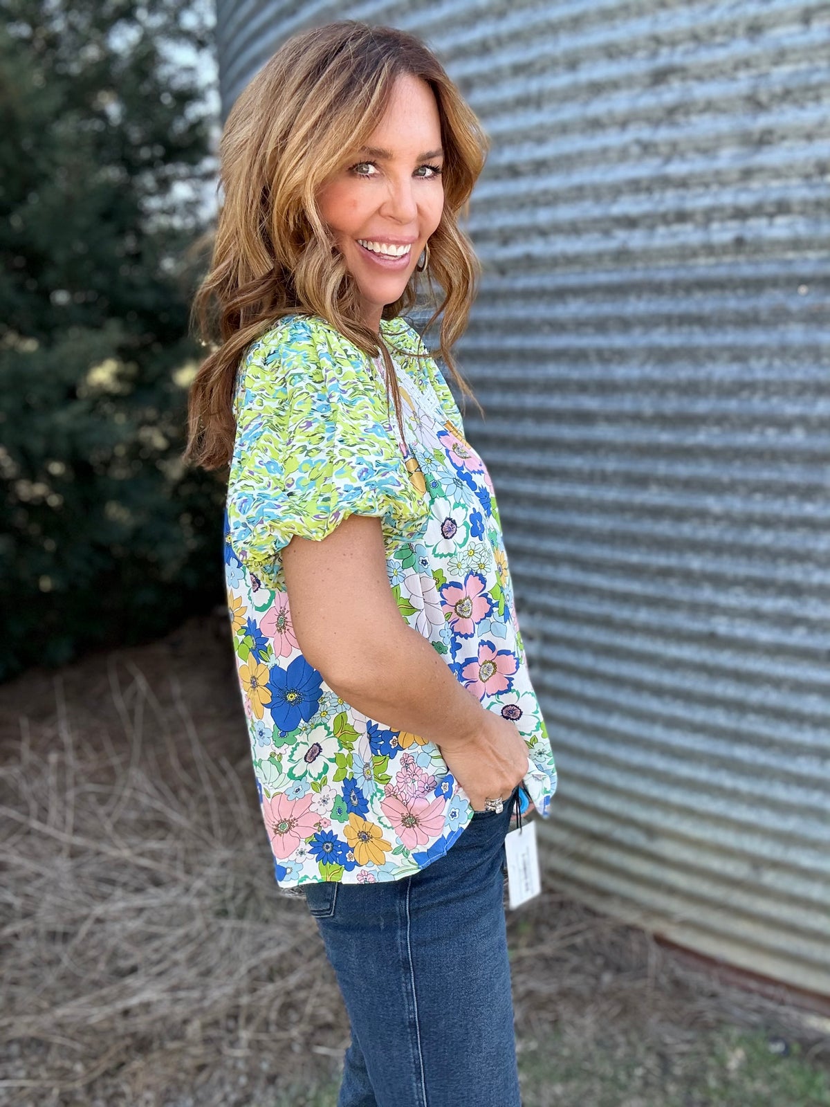Printed Round Neck Puff Sleeve Blouse
