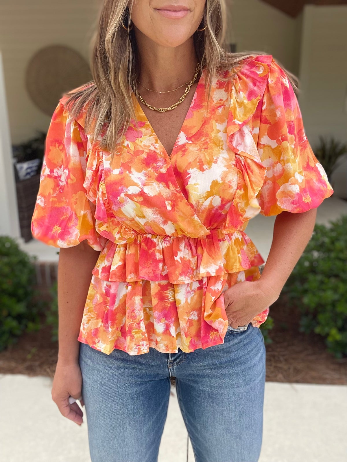 And The Why Ruffled Printed Puff Sleeve Blouse